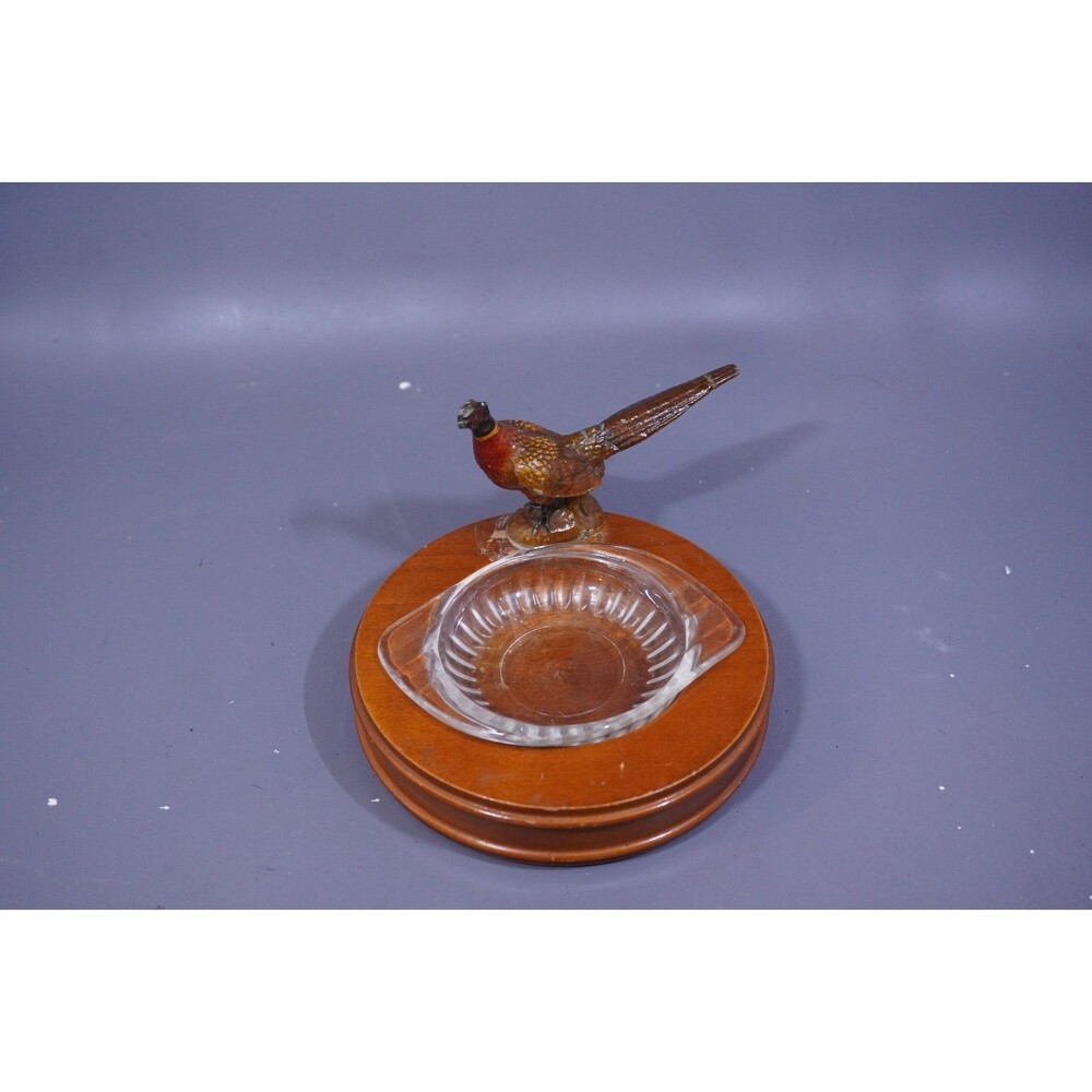 Vintage Mid-Century Ring-Necked Pheasant Wood & Glass Ashtray - Tobacciana